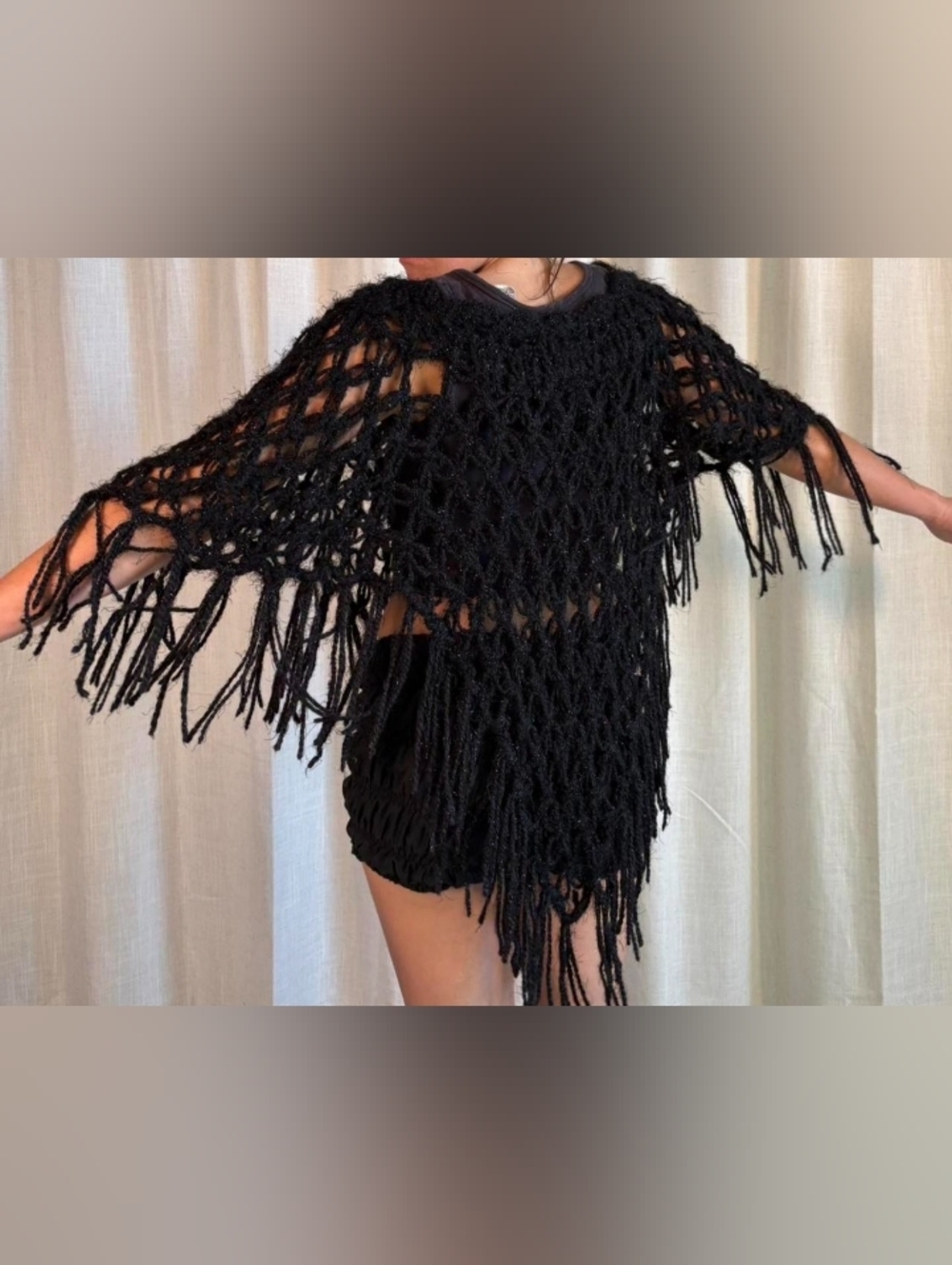 Crochet Poncho Shawl Wrap Layer Festival Fit Fringe Y2K Boho Party Black Silver